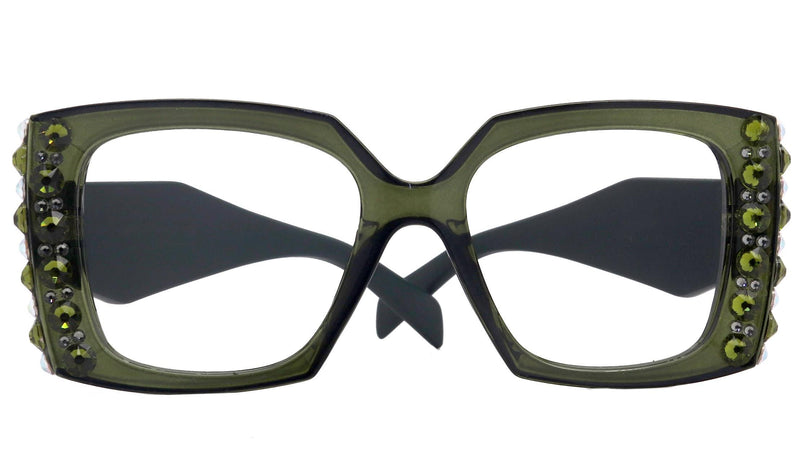 Penelope, Bling Reading Glasses for Women, Handmade with Olivine n AB Genuine European Crystals, Green, Square. NY Fifth Avenue”