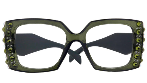 Penelope, Bling Reading Glasses for Women, Handmade with Olivine n AB Genuine European Crystals, Green, Square. NY Fifth Avenue”