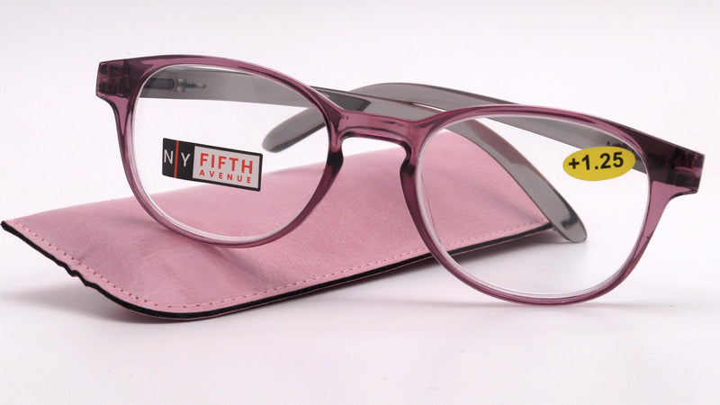 Premium Reading Glasses High End Readers +1.25..+3 Magnifying Glasses, Round Frame. (Transparent Purple, Transparent Gray) NY Fifth Avenue.