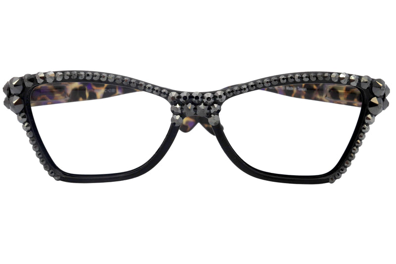 Avian, (Bling) Women Reading Glasses w (Full TOP) (Hematite) Genuine European Crystals, Cat Eye (Black w Leopard ) NY Fifth Avenue.