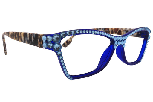 Avian, (Bling) Women Reading Glasses w (Full TOP) (Aquamarine) Genuine European Crystals, Cat Eye ( w Leopard ) NY Fifth Avenue.