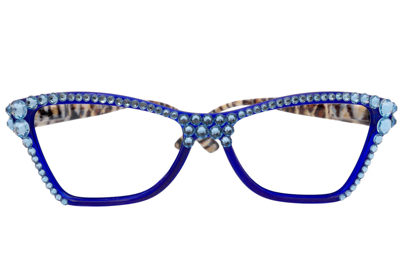 Avian, (Bling) Women Reading Glasses w (Full TOP) (Aquamarine) Genuine European Crystals, Cat Eye ( w Leopard ) NY Fifth Avenue.
