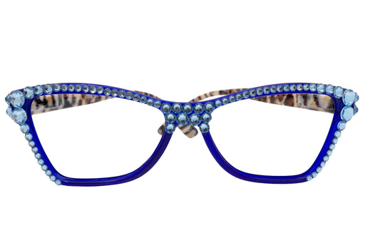 Avian, (Bling) Women Reading Glasses w (Full TOP) (Aquamarine) Genuine European Crystals, Cat Eye ( w Leopard ) NY Fifth Avenue.