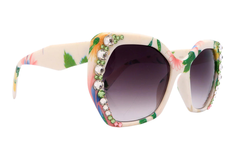 Virginia, Oversized Bling Sunglasses, Large Frame, W Clear, Peridot and Rose European Cristals. Trendy Style, NY Fifth Avenue
