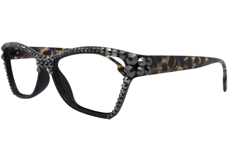 Avian, (Bling) Women Reading Glasses w (Full TOP) (Hematite) Genuine European Crystals, Cat Eye (Black w Leopard ) NY Fifth Avenue.