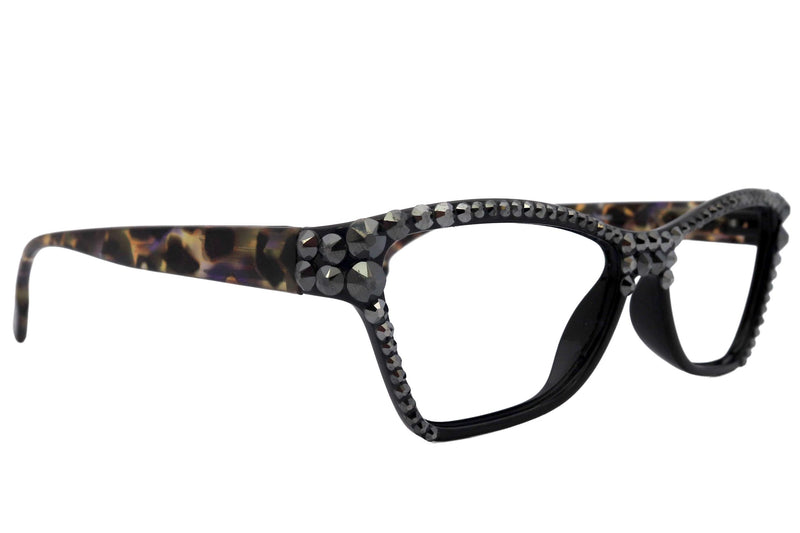 Avian, (Bling) Women Reading Glasses w (Full TOP) (Hematite) Genuine European Crystals, Cat Eye (Black w Leopard ) NY Fifth Avenue.