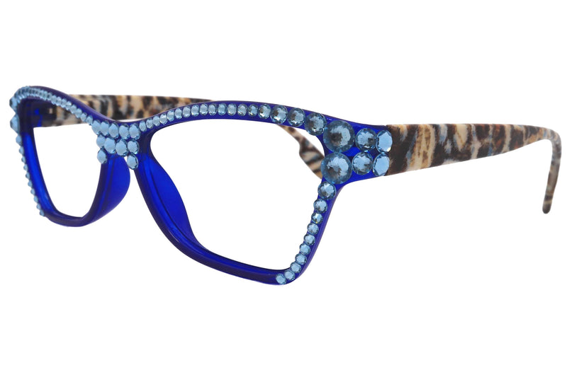 Avian, (Bling) Women Reading Glasses w (Full TOP) (Aquamarine) Genuine European Crystals, Cat Eye ( w Leopard ) NY Fifth Avenue.