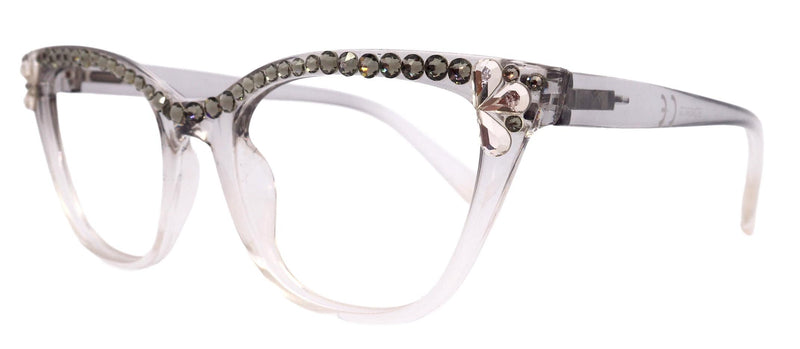 Vivienne, Bling Reading Glasses for Women, Handmade W Black Diamond Genuine European Crystals, transparent Gray/Clear Frame. NY Fifth Avenue