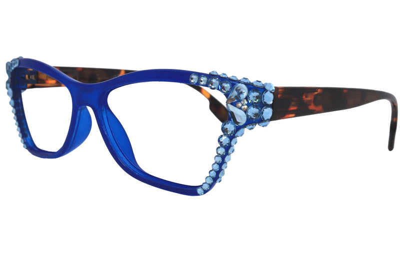 Avian, (Bling) Women Reading Glasses w (Aquamarine) Genuine European Crystals, Magnifying Cat Eye (Blue) NY Fifth Avenue