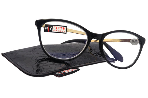 Catittude, (Premium) Reading Glasses, High-End Reader +1.00 to +4 Magnifying Eyeglass, Cat Eye (Black) Gold Metal temples. NY Fifth Avenue