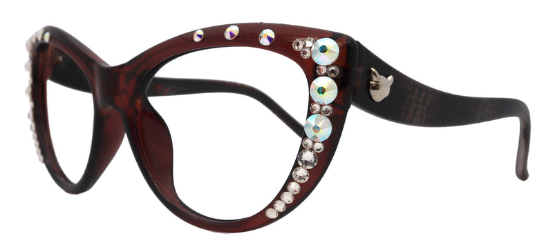 Catwalk, (Bling) Cat Eyes, Women Reading Glasses Adorned W (AB) Genuine European Crystals (Brown) Frame, NY Fifth Avenue.