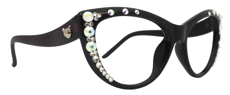 Catwalk, (Bling) Cat Eyes, Women Reading Glasses Adorned W (AB) Genuine European Crystals (Black) Frame, NY Fifth Avenue.