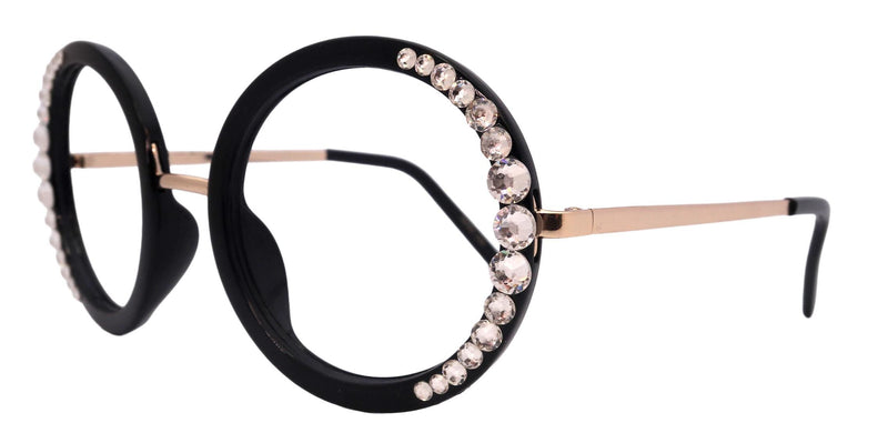 Lexington, Bling Black Round Large Oversized Glasses, W clear European crystals, High End Reading Magnifying eyeglasses, NY Fifth Avenue