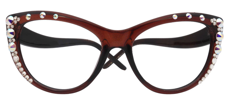 Catwalk, (Bling) Cat Eyes, Women Reading Glasses Adorned W (AB) Genuine European Crystals (Brown) Frame, NY Fifth Avenue.