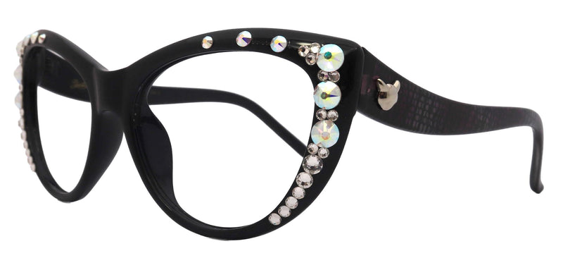 Catwalk, (Bling) Cat Eyes, Women Reading Glasses Adorned W (AB) Genuine European Crystals (Black) Frame, NY Fifth Avenue.