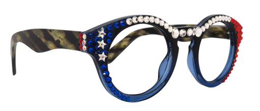 Freedom Shine, Blue Light Blocker Bling Women’s Reading Glasses with Genuine European Crystals, US Flag Colors, Round Frame, NY Fifth Avenue