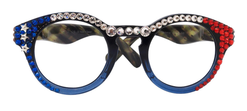 Freedom Shine, Blue Light Blocker Bling Women’s Reading Glasses with Genuine European Crystals, US Flag Colors, Round Frame, NY Fifth Avenue