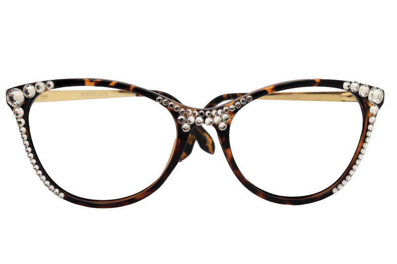 Cattitude Bling Reading Glasses 4 Women W Clear Genuine European Crystals, Tortoiseshell, Magnifying Cat Eye NY Fifth Avenue