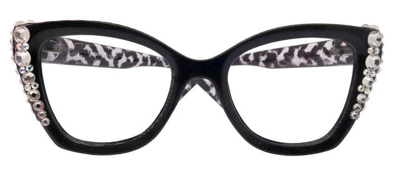 Rhodes, Bling Reading Glasses (1.25 to 3.00) Cat Eye Tortoise Black with Clear Austrian Crystals, NY Fifth Avenue