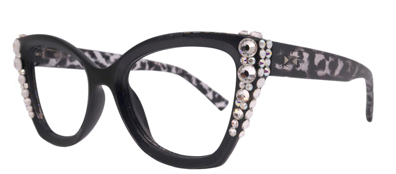 Rhodes, Bling Reading Glasses (1.25 to 3.00) Cat Eye Tortoise Black with Clear Austrian Crystals, NY Fifth Avenue