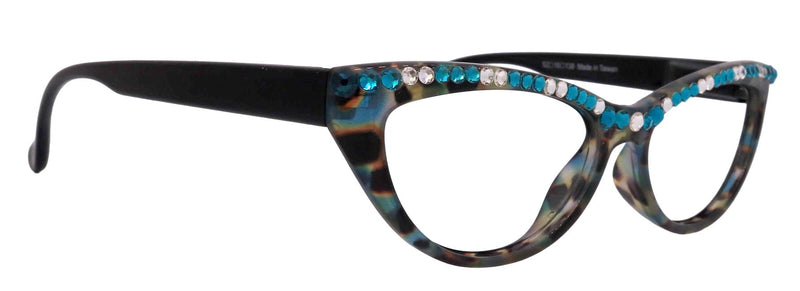 The Lynx, (Bling) Reading Glasses 4 Women W (Full Top) (Clear and Turquoise) Genuine European Crystals, CatEye (Blk Leopard) NY Fifth Avenue