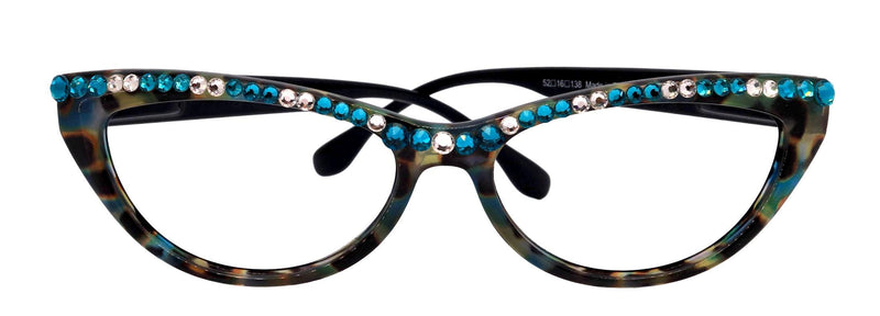 The Lynx, (Bling) Reading Glasses 4 Women W (Full Top) (Clear and Turquoise) Genuine European Crystals, CatEye (Blk Leopard) NY Fifth Avenue