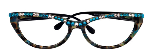 The Lynx, (Bling) Reading Glasses 4 Women W (Full Top) (Clear and Turquoise) Genuine European Crystals, CatEye (Blk Leopard) NY Fifth Avenue