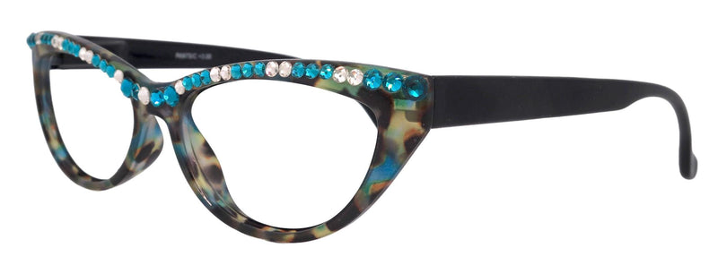 The Lynx, (Bling) Reading Glasses 4 Women W (Full Top) (Clear and Turquoise) Genuine European Crystals, CatEye (Blk Leopard) NY Fifth Avenue