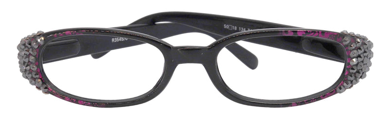 Isabella, (Bling) Reading Glasses Women W (Hematite) Genuine European Crystals (Purple Floral Print) NY Fifth Avenue (Wide Frame)