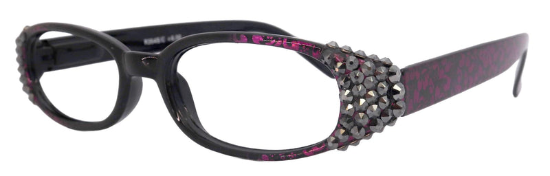 Isabella, (Bling) Reading Glasses Women W (Hematite) Genuine European Crystals (Purple Floral Print) NY Fifth Avenue (Wide Frame)