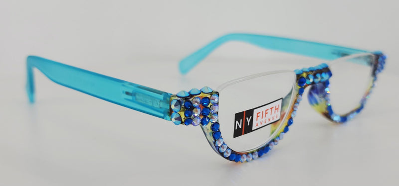 Half Moon, (Bling) Woman Reading Glasses Adorned W (AB Blue, Capri) Genuine European Crystals Readers, NY Fifth Avenue.