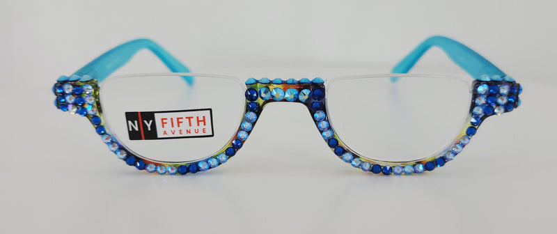 Half Moon, (Bling) Woman Reading Glasses Adorned W (AB Blue, Capri) Genuine European Crystals Readers, NY Fifth Avenue.