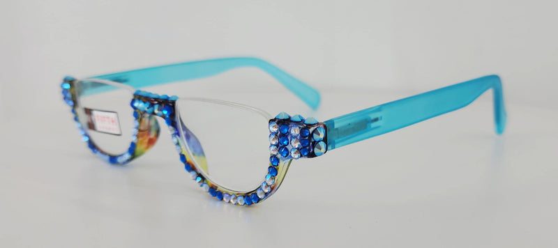 Half Moon, (Bling) Woman Reading Glasses Adorned W (AB Blue, Capri) Genuine European Crystals Readers, NY Fifth Avenue.