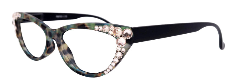 Lynx, (Bling) Cat Eyes, Women Reading Glasses W (Clear) Genuine European Crystals (Turquoise Tortoise Black) Cat eye Frame, NY Fifth Avenue.
