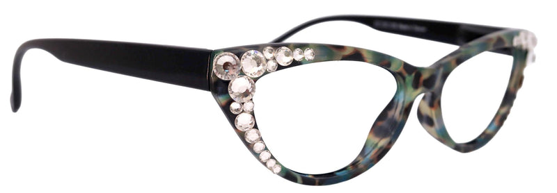 Lynx, (Bling) Cat Eyes, Women Reading Glasses W (Clear) Genuine European Crystals (Turquoise Tortoise Black) Cat eye Frame, NY Fifth Avenue.