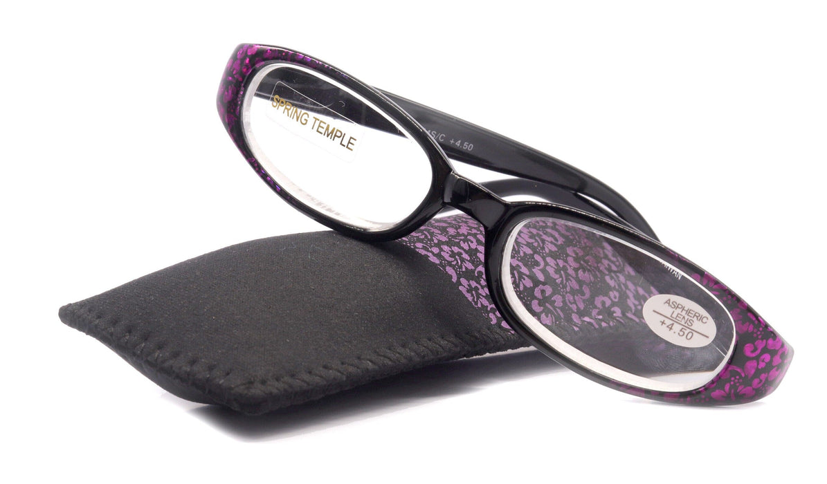 Isabella, (Premium) Reading Glasses, Fashion Reader (Floral Purple n Black) Oval +4 +4.5 +5 +6 High Power, NY Fifth Avenue (Wide Frame)