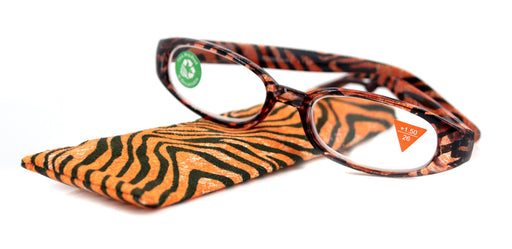 Isabella, (Premium) Reading Glasses, Fashion Reader (Orange Tiger) Animal Print, Oval +5 +6 High Magnification, NY Fifth Avenue (Wide Frame)