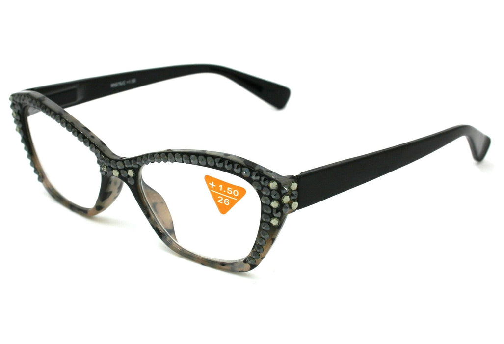 Jane, (Bling) Women Reading Glasses W (Full Top) (Hematite, Black Diamond) Genuine European Crystals, Cat Eyes (Black) NY Fifth Avenue