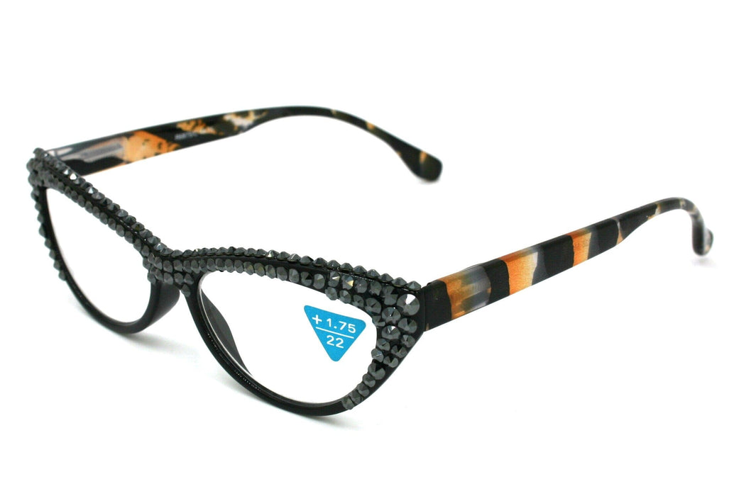 Lynx, (Bling) Women Reading Glasses W 2X (Full TOP) (Hematite) Genuine European Crystals, Cat Eyes Tiger Print, Cat eye, NY Fifth Avenue.