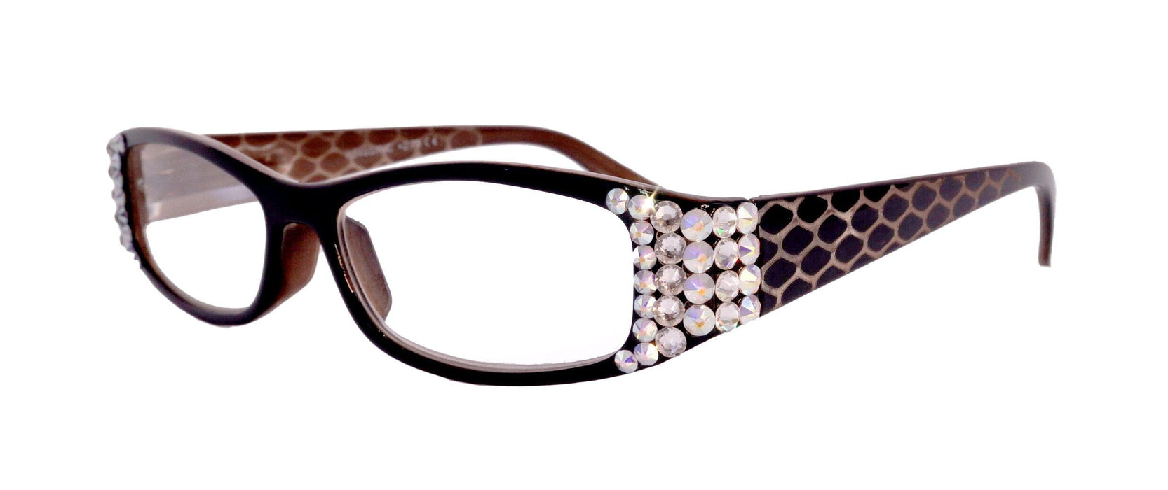 Lyon, (Bling) Reading Glasses w (Clear, AB Aurora Borealis) Genuine European Crystals(Dragon scale) (Black, Brown) NY Fifth Avenue