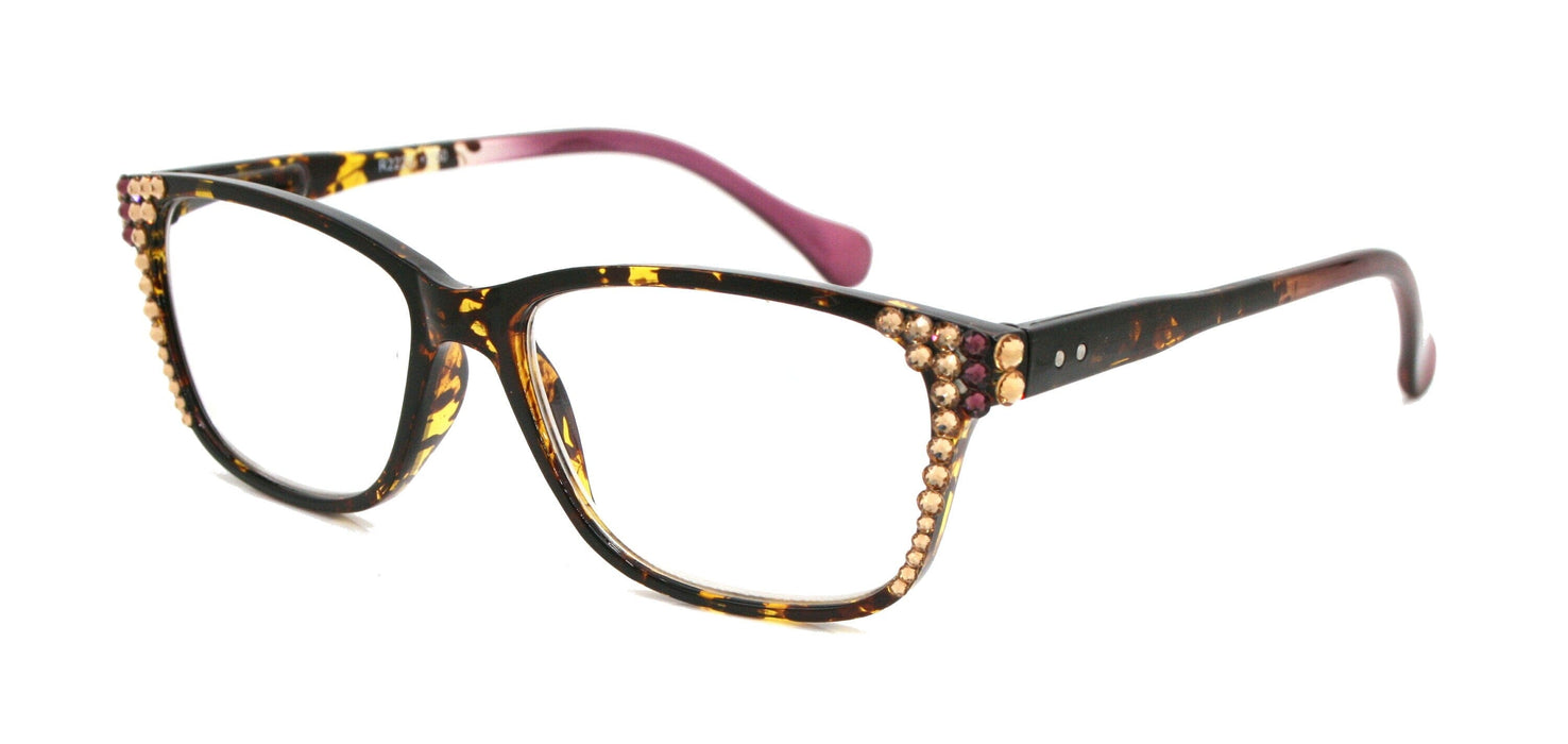 Milan, (Bling) Reading Glasses Women W (L Colorado, L. Amethyst) Genuine European Crystals. Square +1.25..+3 (Tortoise Brown, Purple)