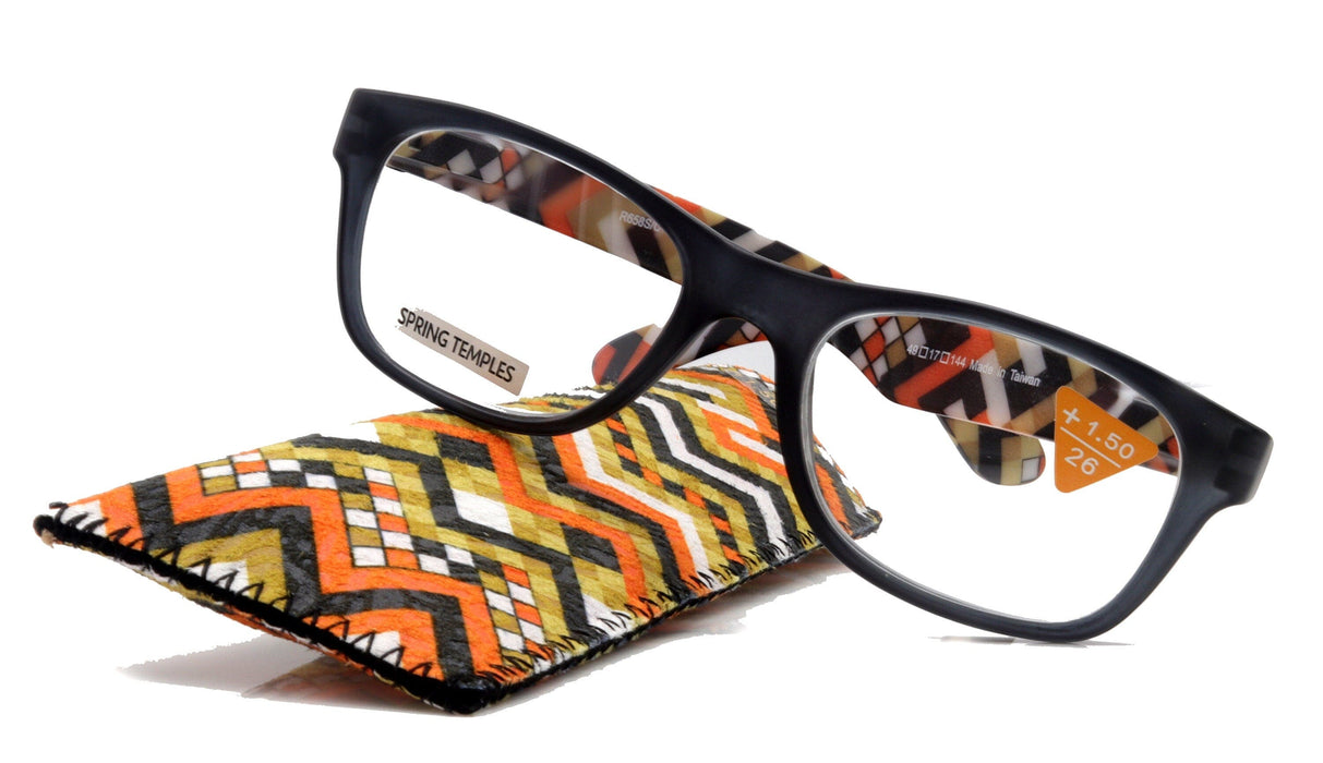 Monet, (Premium) Reading Glasses High End Readers +1 .. +3 Magnifying, (Black) (Orange) Chevron Square. Optical Frame. NY Fifth Avenue.