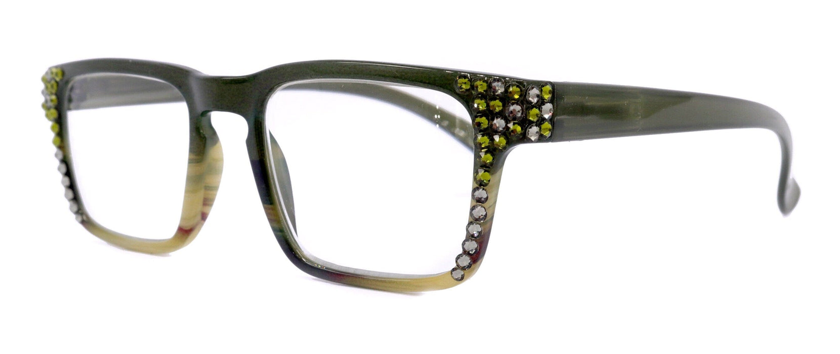 Piper, (Bling) Reading Glasses for Women W (Black Diamond, Olivine) Genuine European Crystals. (Black Green Faded Stripes) NY Fifth Avenue