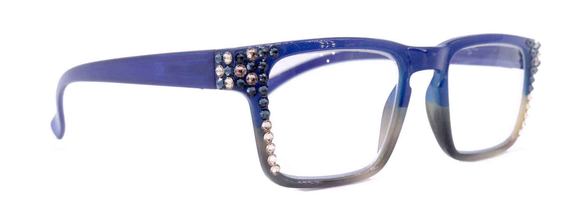 Piper, (Bling) ReadingGlasses for Women W (Montana, L. Colorado)Genuine European Crystals.(Square)(Blue Brown Faded Stripes) NY Fifth Avenue