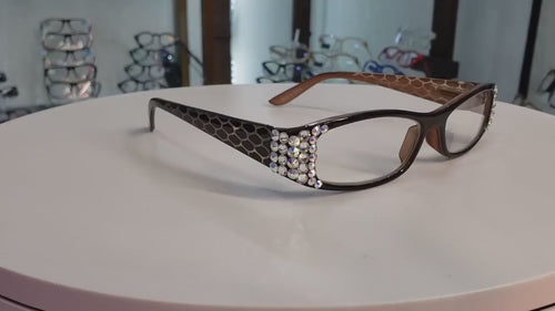 Lyon, (Bling) Reading Glasses w (Clear, AB Aurora Borealis) Genuine European Crystals(Dragon scale)  (Black, Brown) NY Fifth Avenue