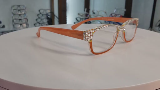 Olivia, (Bling) Women Reading Glasses Adorned with (Full Top) (Clear) Genuine European Crystals.  (Orange) Square, NY fifth avenue.