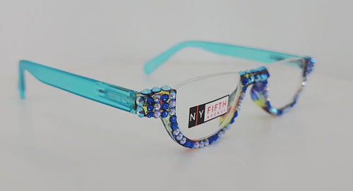 Half Moon, (Bling) Woman Reading Glasses Adorned W (AB Blue, Capri) Genuine European Crystals Readers, NY Fifth Avenue.