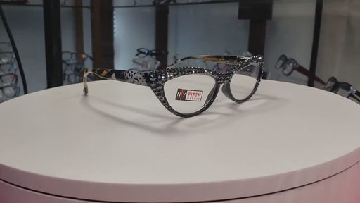 The Lynx, (Bling) Reading Glasses 4 Women W 2x (Full Top) (Hematite) Genuine European Crystals, Magnifying Cat Eye  NY Fifth Avenue