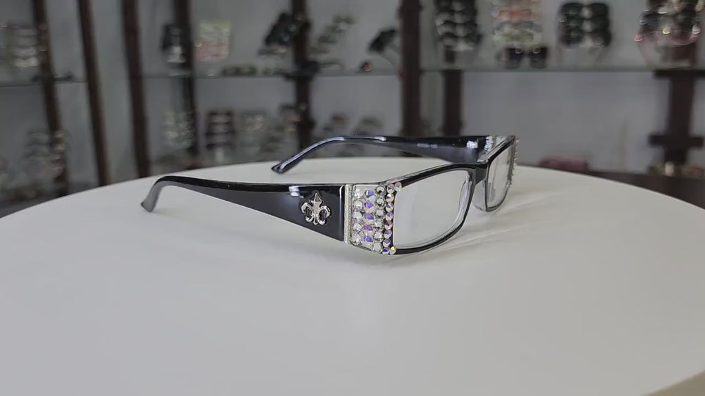 The French, (Bling) (Fleur De Lis) Women Reading Glasses W (Clear, AB Aurora Borealis) Genuine European Crystals  (Black)  NY Fifth Avenue