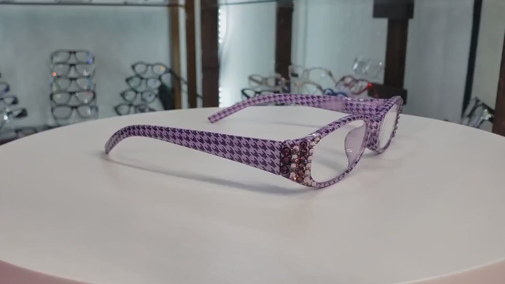 The Scottish, (Bling) Reading Glasses Embellished w (Amethyst)   (Hounds Tooth Check) Rectangular (Purple) NY Fifth Avenue